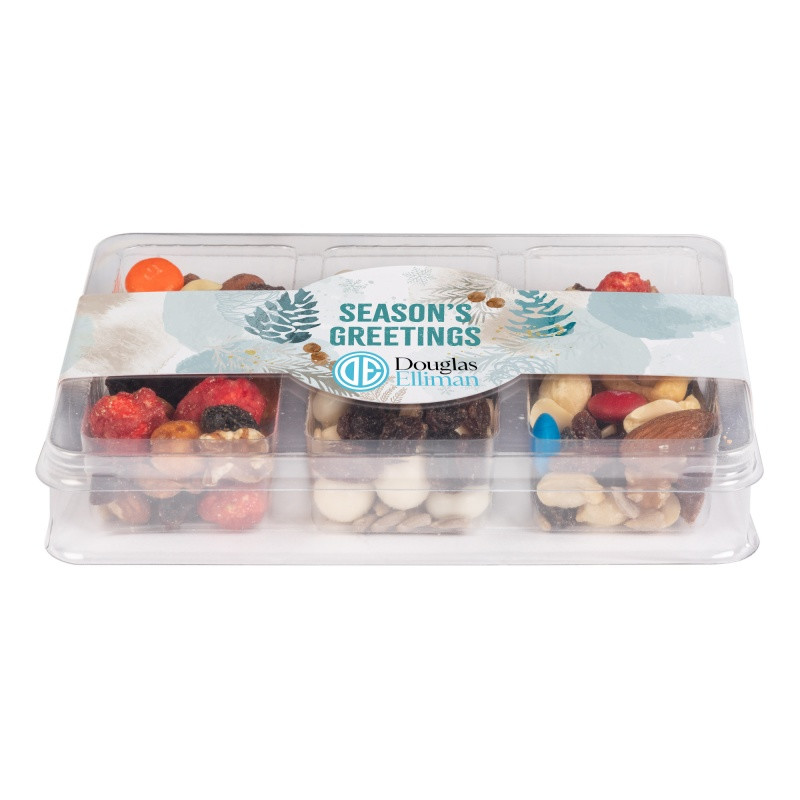Clear mini tackle box with six compartments containing Rainbow Delight, yogurt raisin trail mix, and energy trail mix, featuring a customizable full-color sleeve.
