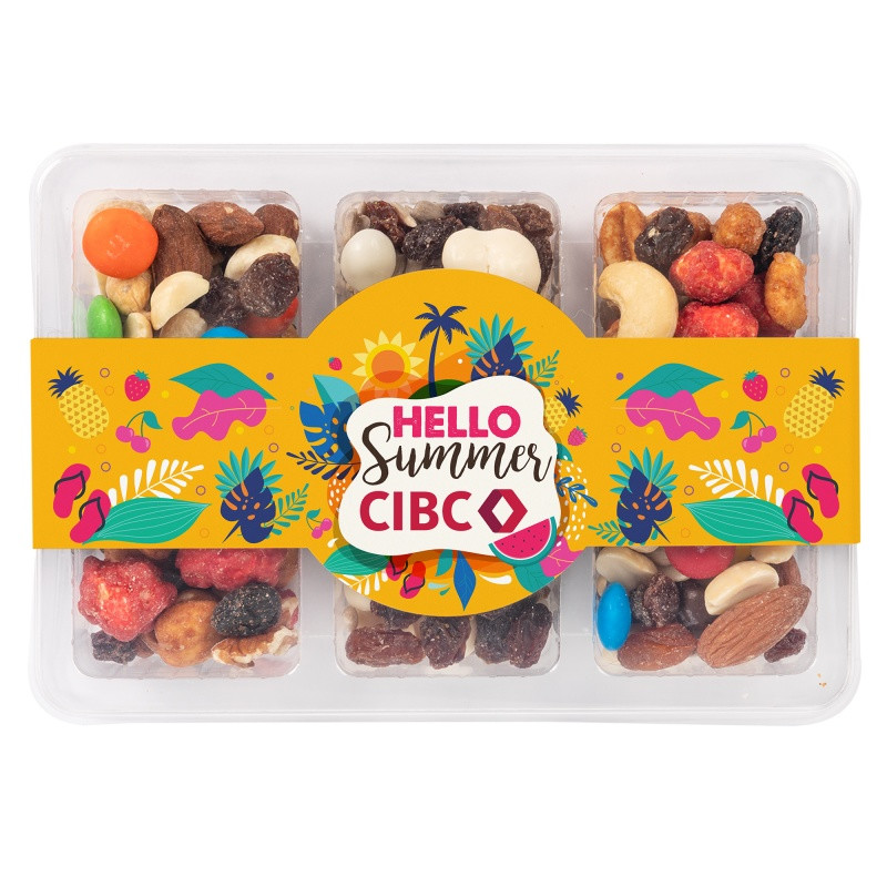 Clear mini tackle box with six compartments containing Rainbow Delight, yogurt raisin trail mix, and energy trail mix, featuring a customizable full-color sleeve.