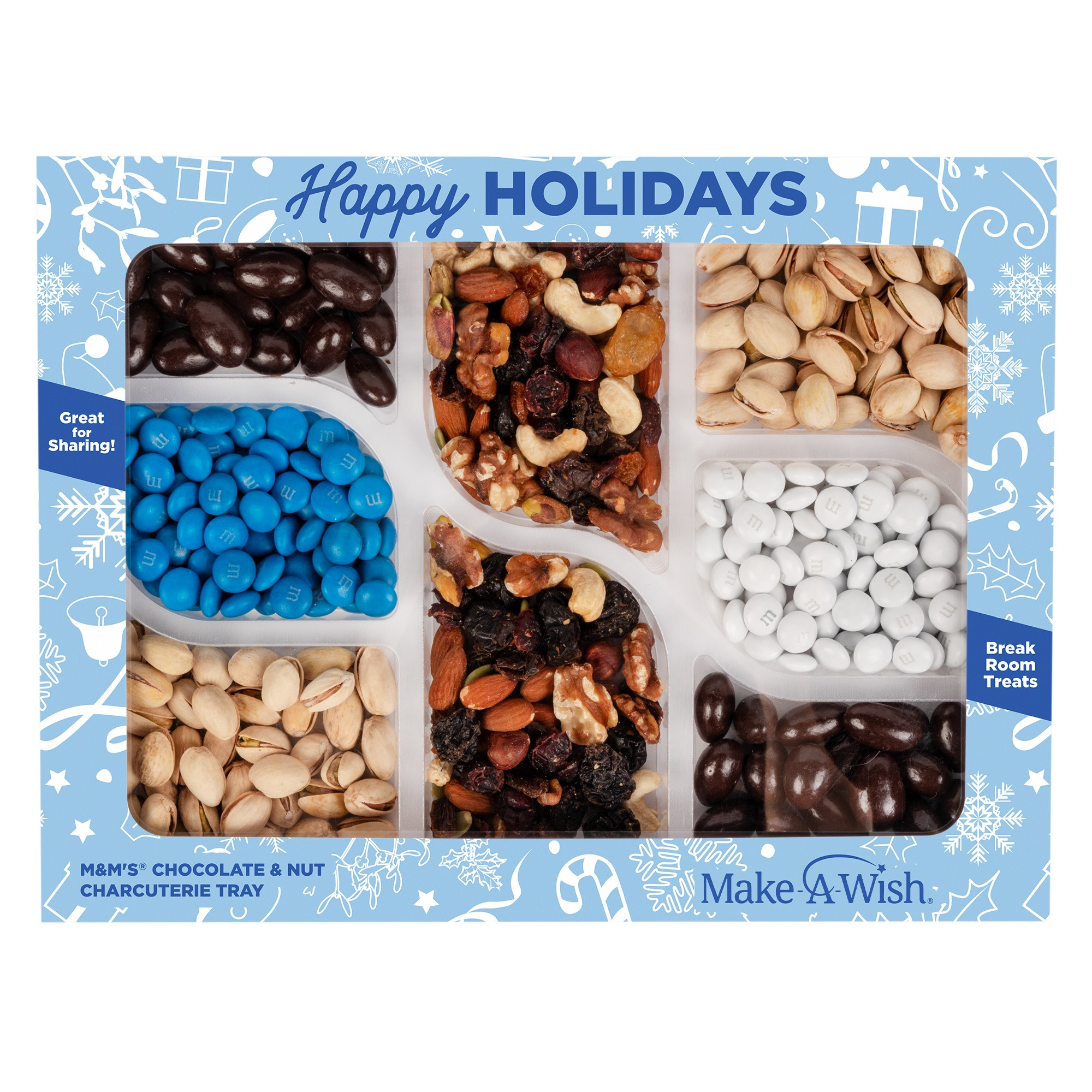 Custom Premium snack gift box featuring an assortment of Champions Mix, colorful M&M’S® candies, dark chocolate-covered almonds, and roasted salted pistachios. Packaged in a full-color, die-cut custom box with vibrant printed graphics, this sweet and savory snack collection is ideal for executive gifts, holiday appreciation, and client thank-you presents.