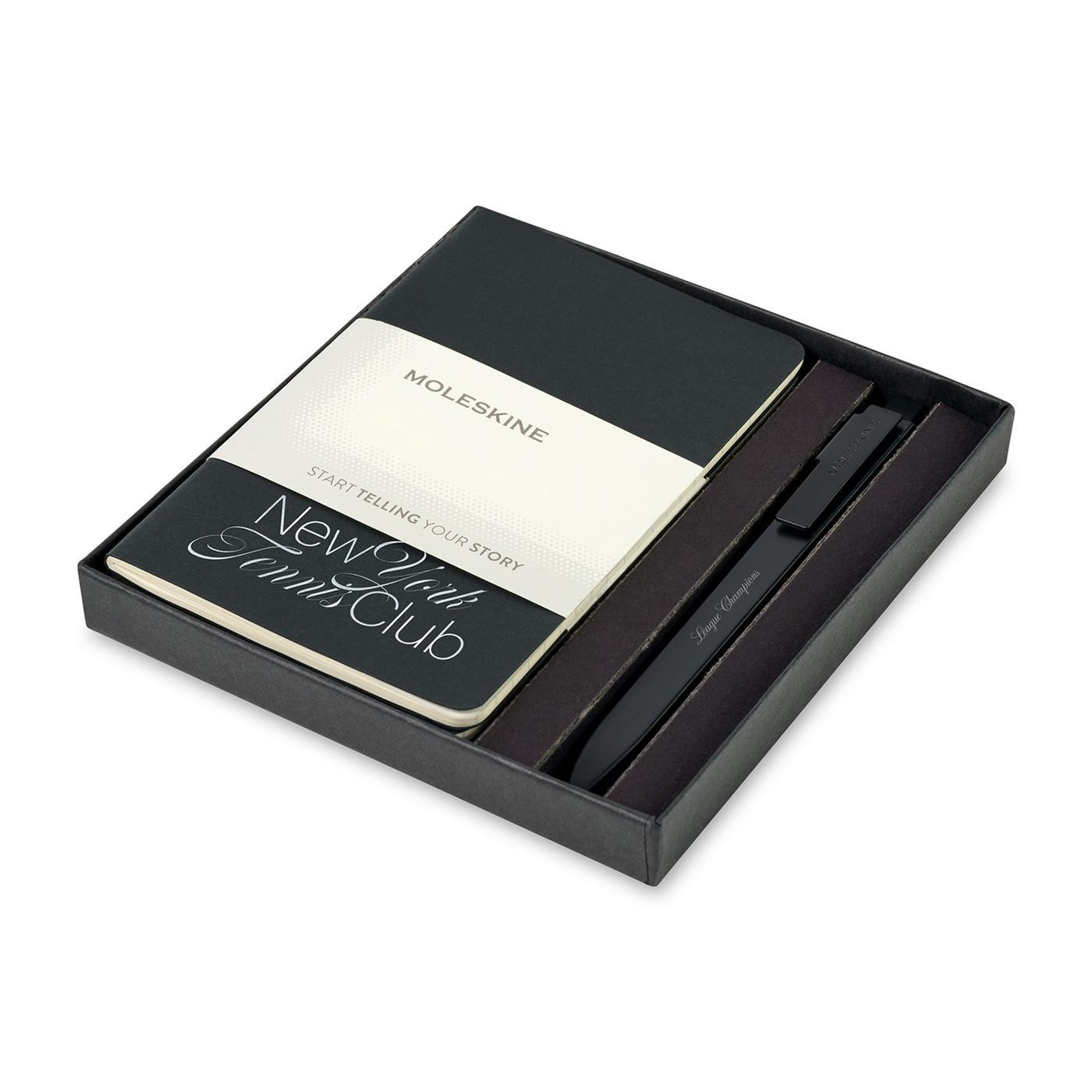 Black Moleskine Pocket Cahier and GO Pen Gift Set featuring three compact ruled pocket journals and a matching GO Pen packaged in an elegant two-piece gift box. The portable writing set is ideal for note-taking, planning, and organizing tasks, with FSC-certified paper and responsibly sourced packaging for corporate gifts and everyday use.