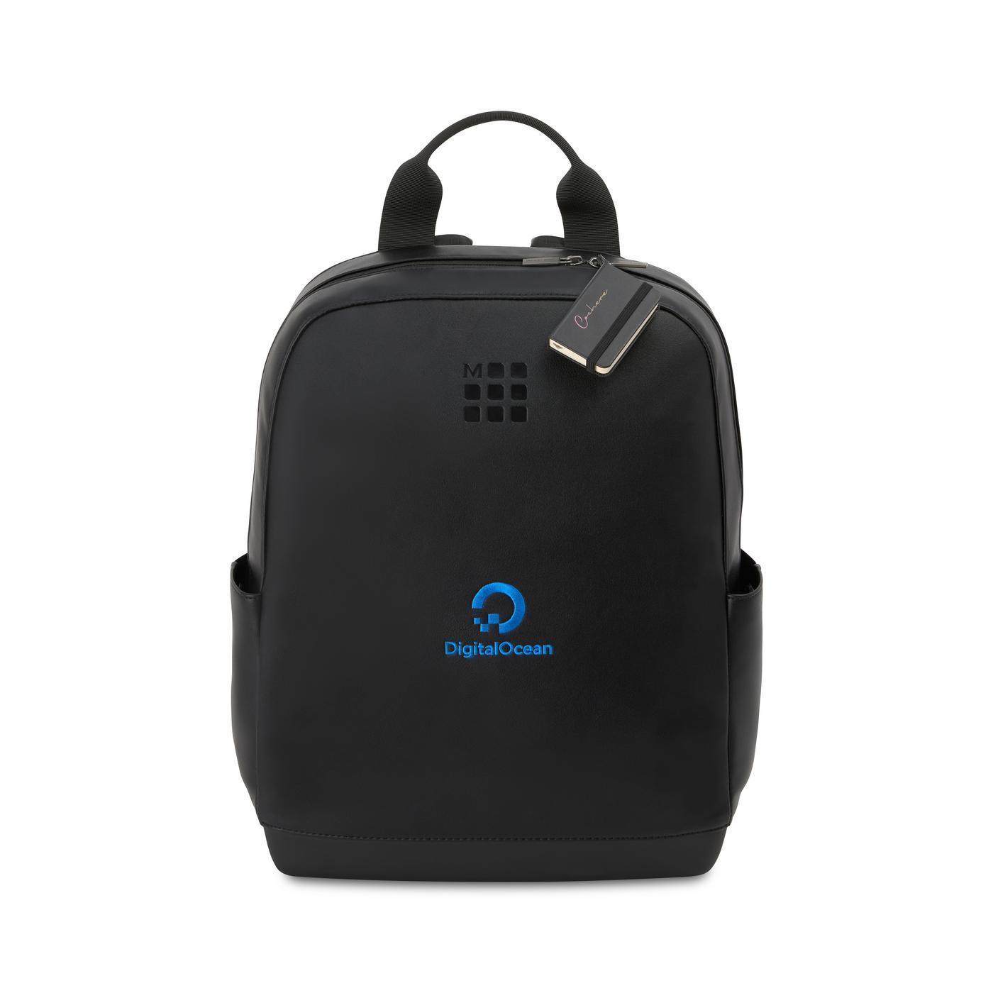black backpack paired with a mini notebook charm in a two-piece gift set, featuring a sleek professional design.