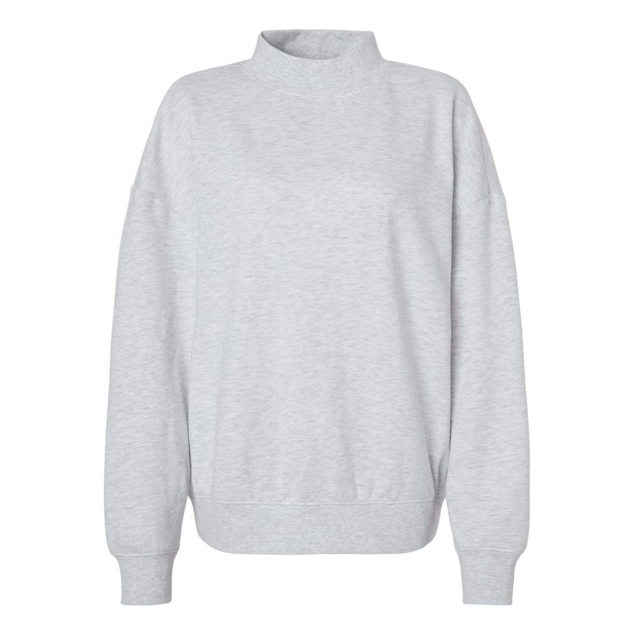 Ash Heather Women's midweight mock neck sweatshirt featuring a relaxed, oversized boxy fit, dropped shoulders, ribbed cuffs and waistband, and a modern mock neckline. Made from a soft 80% ring-spun cotton and 20% polyester fleece blend, with a smooth cotton face on solid colors. Designed for everyday comfort, casual wear, and custom-branded team apparel. Available in various colors for versatile styling.