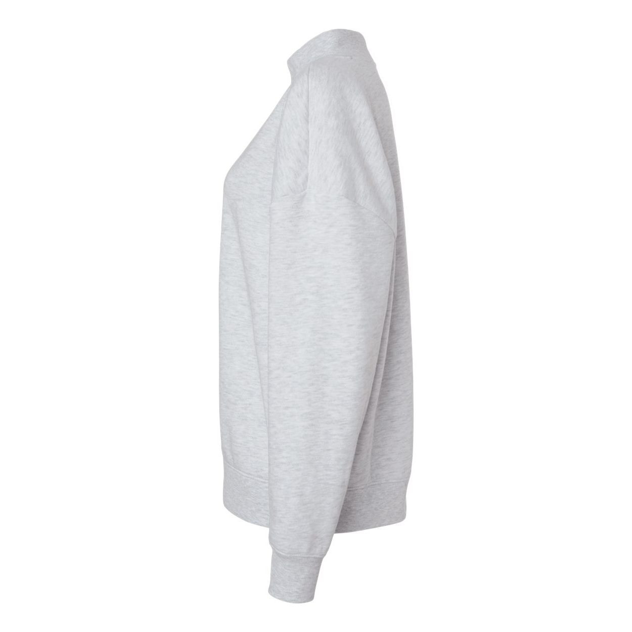 Ash Heather Women's midweight mock neck sweatshirt featuring a relaxed, oversized boxy fit, dropped shoulders, ribbed cuffs and waistband, and a modern mock neckline. Made from a soft 80% ring-spun cotton and 20% polyester fleece blend, with a smooth cotton face on solid colors. Designed for everyday comfort, casual wear, and custom-branded team apparel. Available in various colors for versatile styling.