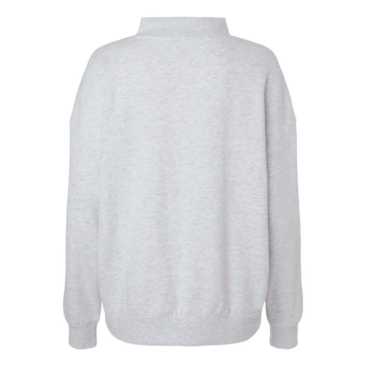 Ash Heather Women's midweight mock neck sweatshirt featuring a relaxed, oversized boxy fit, dropped shoulders, ribbed cuffs and waistband, and a modern mock neckline. Made from a soft 80% ring-spun cotton and 20% polyester fleece blend, with a smooth cotton face on solid colors. Designed for everyday comfort, casual wear, and custom-branded team apparel. Available in various colors for versatile styling.