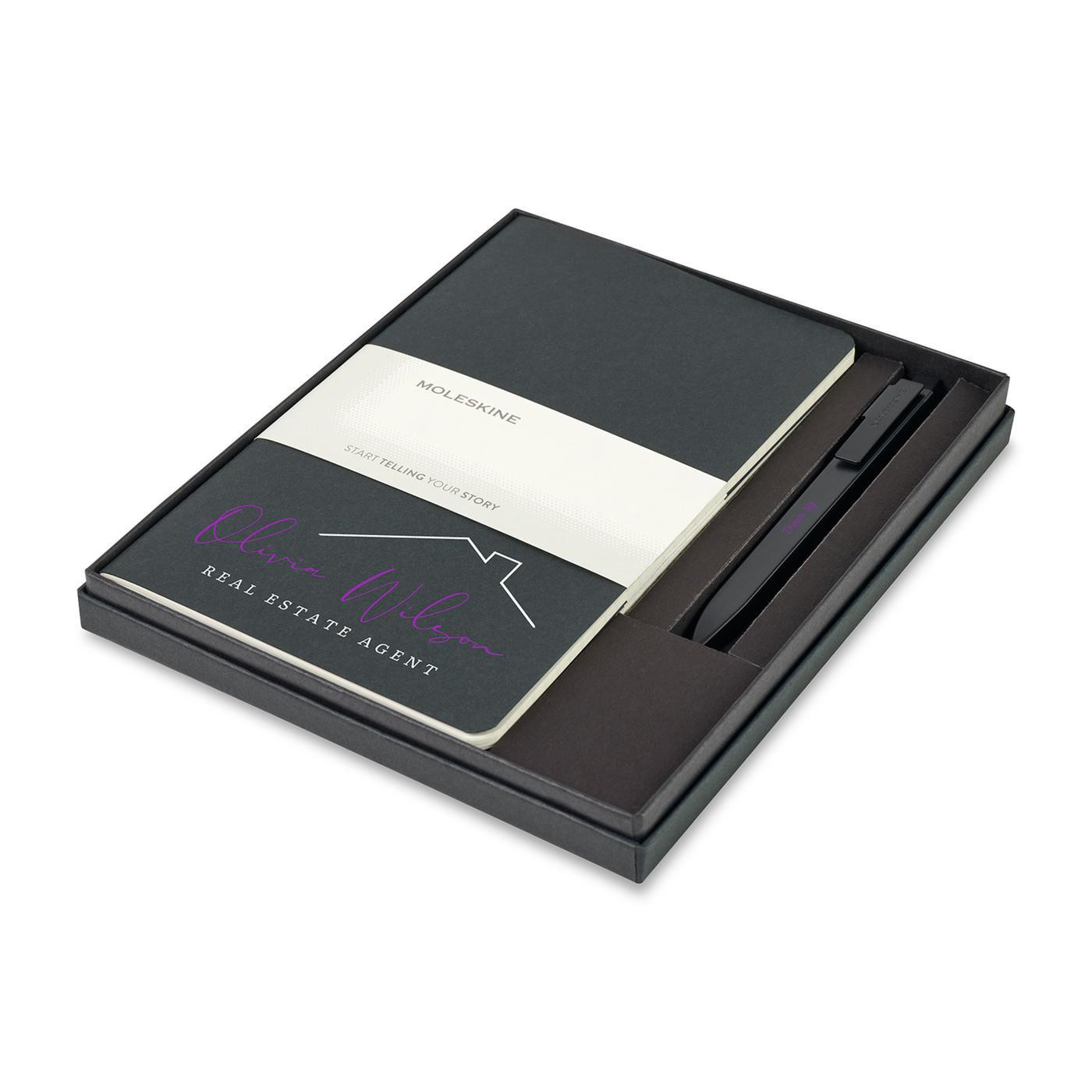 Black Moleskine Large Cahier Journal and GO Pen Gift Set featuring three large ruled notebooks bundled together with a coordinating GO Pen in a two-piece gift box. The minimalist design offers a professional look for note-taking, journaling, meeting notes, and project planning. The FSC-certified notebooks and gift packaging support responsible material sourcing, making this set a practical choice for office use and corporate gifting.