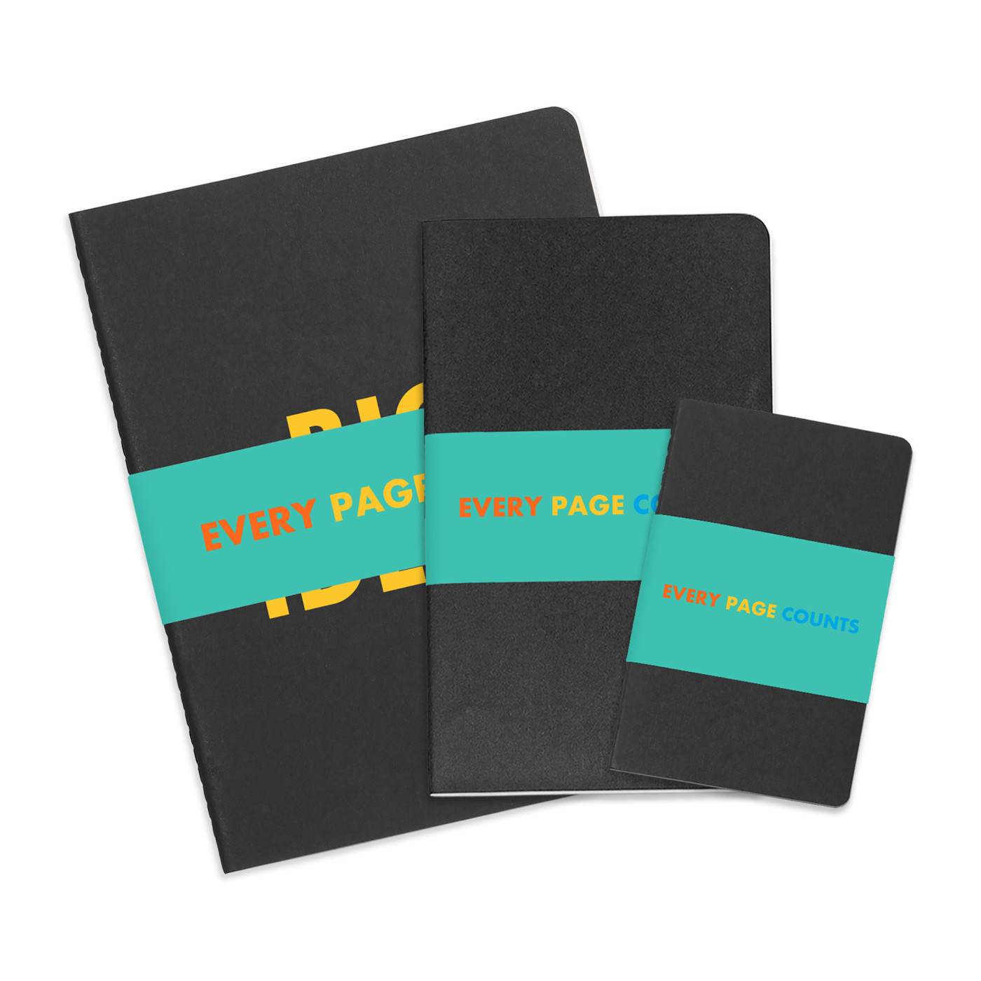 Black assorted journal gift set featuring three ruled notebooks in pocket, large, and extra-large sizes, packaged in a matching gift box.