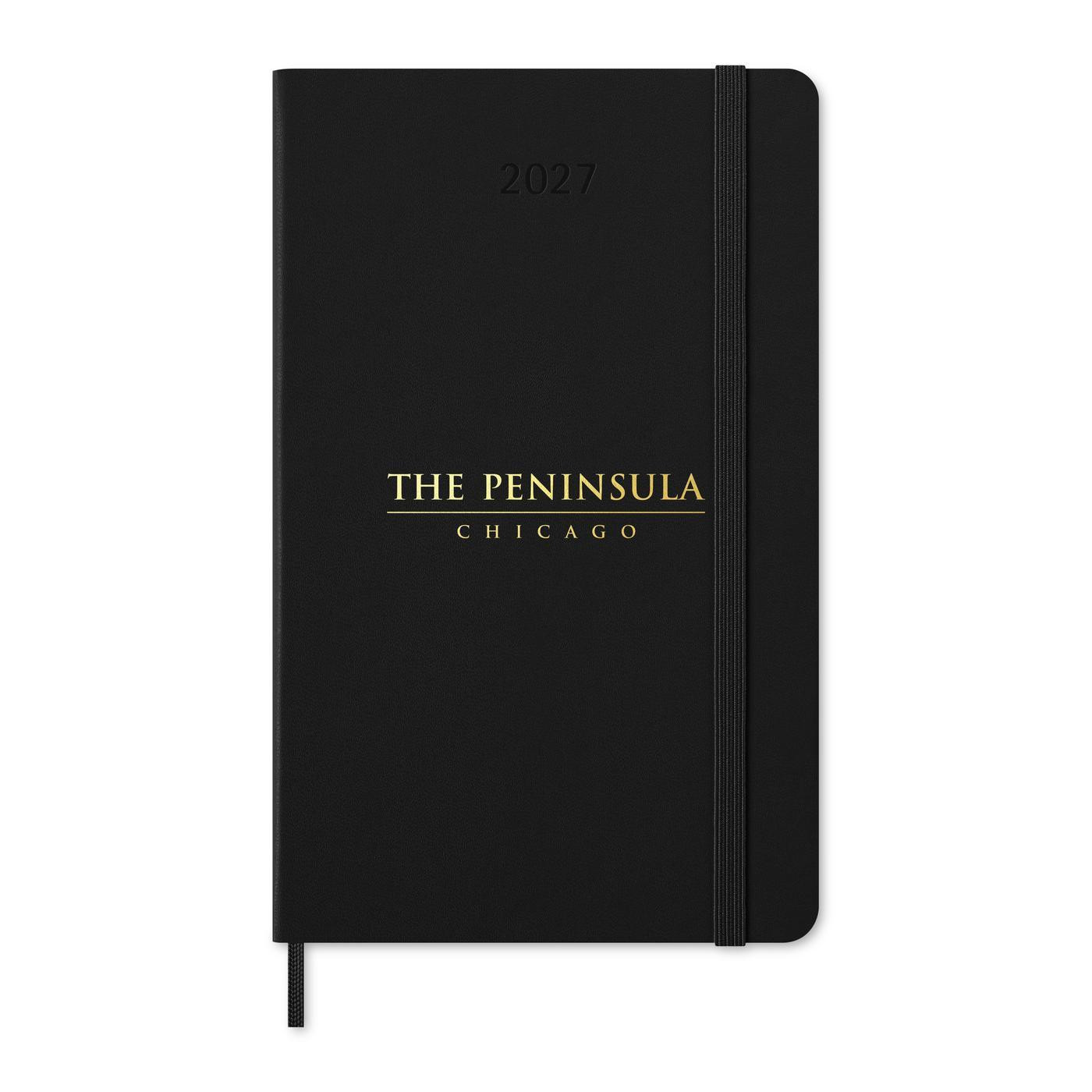 Black Moleskine Hard Cover Large 12-Month Daily 2027 Planner featuring a durable hardcover with rounded corners, an elastic closure, and a matching ribbon bookmark. Includes ivory-colored, acid-free paper with one page per day from January through December 2027, ideal for organizing appointments, tracking goals, and recording daily notes. FSC-certified paper and a professional design make this planner a practical choice for custom-branded corporate gifts and promotional products.