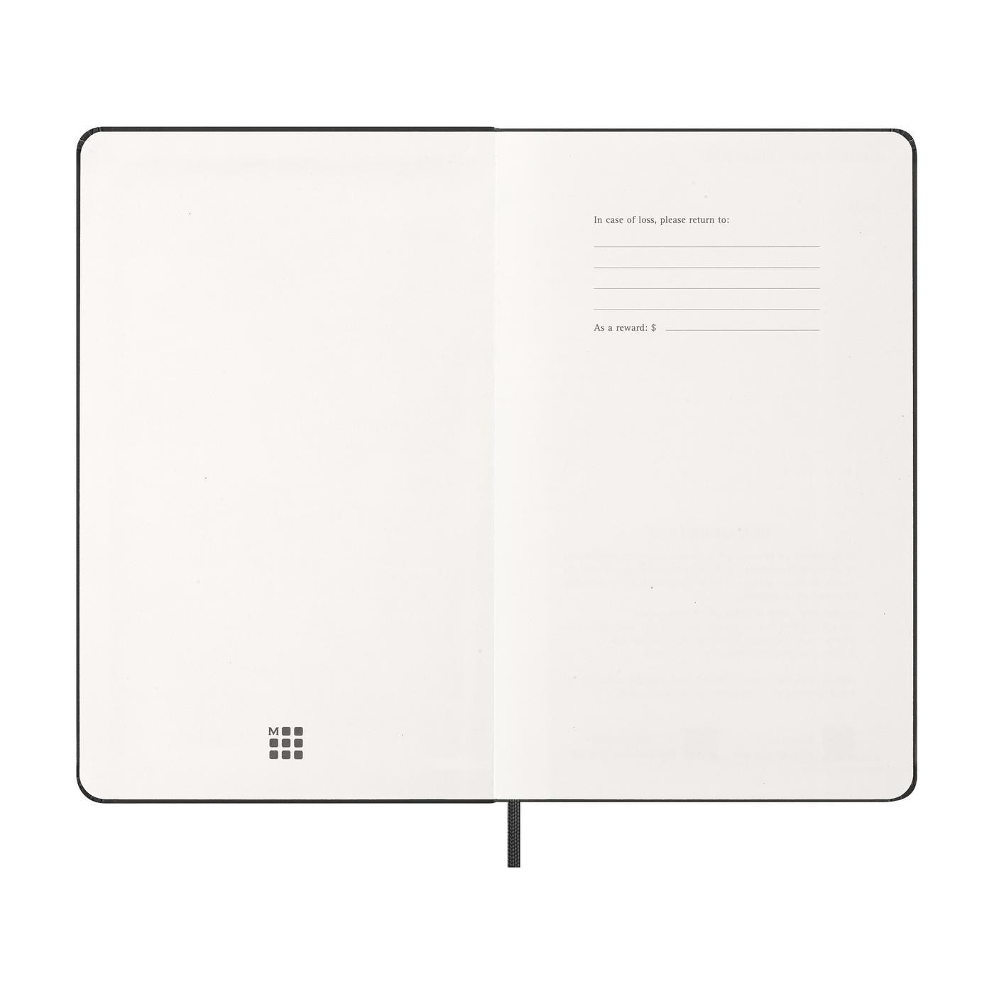 Black Moleskine Hard Cover Large 12-Month Daily 2027 Planner featuring a durable hardcover with rounded corners, an elastic closure, and a matching ribbon bookmark. Includes ivory-colored, acid-free paper with one page per day from January through December 2027, ideal for organizing appointments, tracking goals, and recording daily notes. FSC-certified paper and a professional design make this planner a practical choice for custom-branded corporate gifts and promotional products.