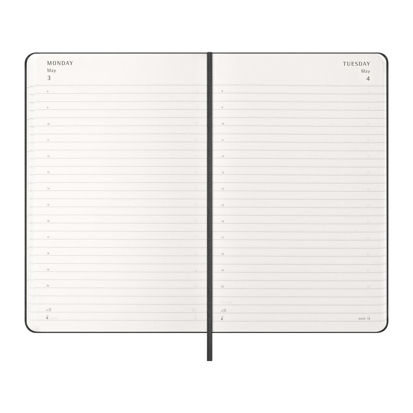 Black Moleskine Hard Cover Large 12-Month Daily 2027 Planner featuring a durable hardcover with rounded corners, an elastic closure, and a matching ribbon bookmark. Includes ivory-colored, acid-free paper with one page per day from January through December 2027, ideal for organizing appointments, tracking goals, and recording daily notes. FSC-certified paper and a professional design make this planner a practical choice for custom-branded corporate gifts and promotional products.