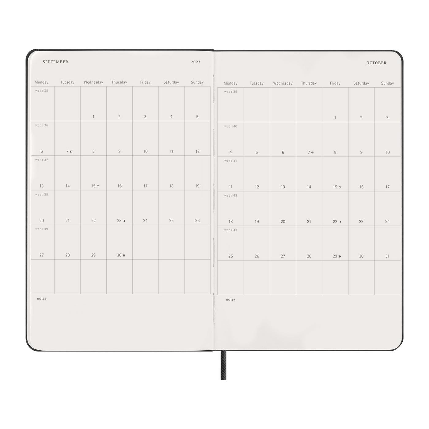 Black Moleskine Hard Cover Large 12-Month Daily 2027 Planner featuring a durable hardcover with rounded corners, an elastic closure, and a matching ribbon bookmark. Includes ivory-colored, acid-free paper with one page per day from January through December 2027, ideal for organizing appointments, tracking goals, and recording daily notes. FSC-certified paper and a professional design make this planner a practical choice for custom-branded corporate gifts and promotional products.