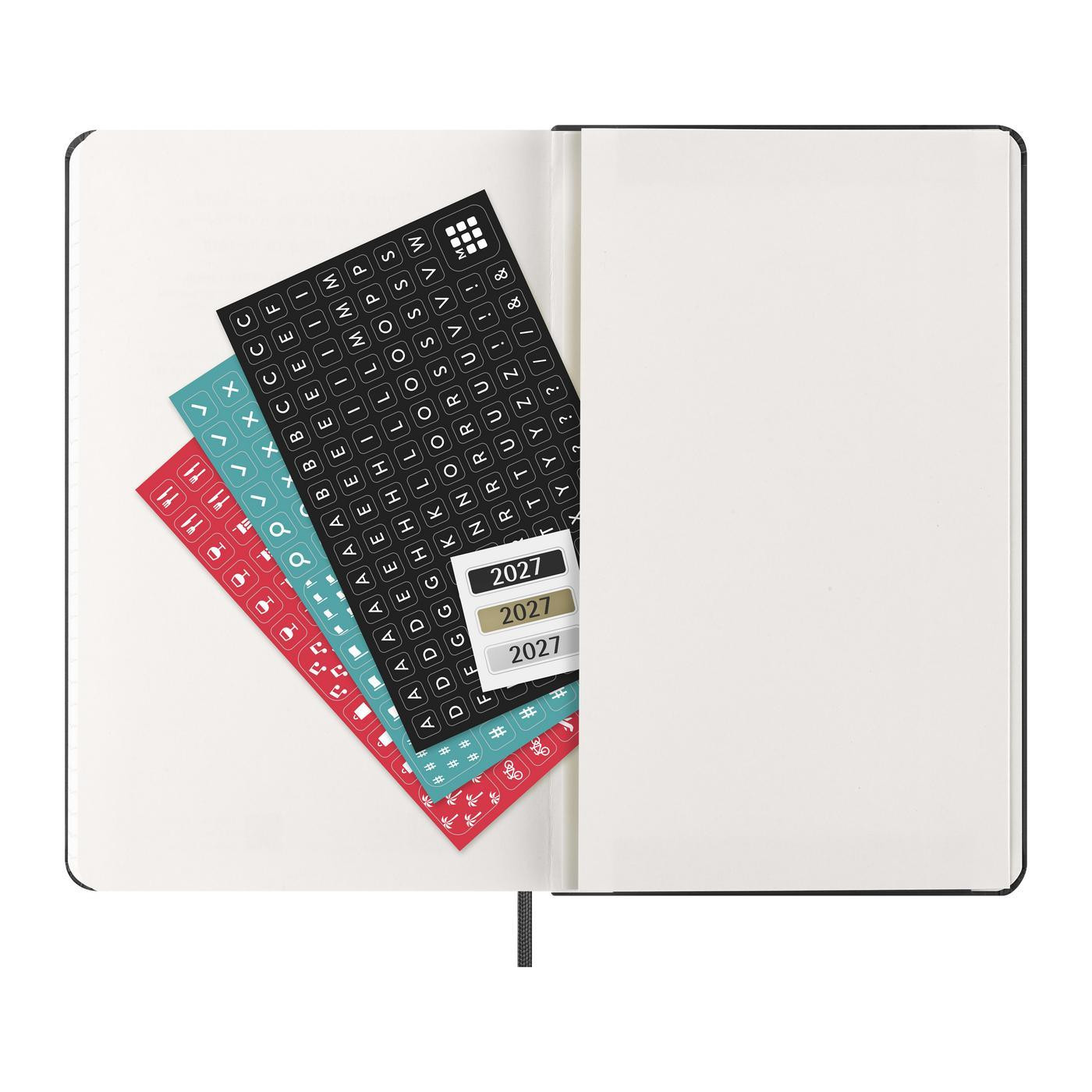 Black Moleskine Hard Cover Large 12-Month Daily 2027 Planner featuring a durable hardcover with rounded corners, an elastic closure, and a matching ribbon bookmark. Includes ivory-colored, acid-free paper with one page per day from January through December 2027, ideal for organizing appointments, tracking goals, and recording daily notes. FSC-certified paper and a professional design make this planner a practical choice for custom-branded corporate gifts and promotional products.