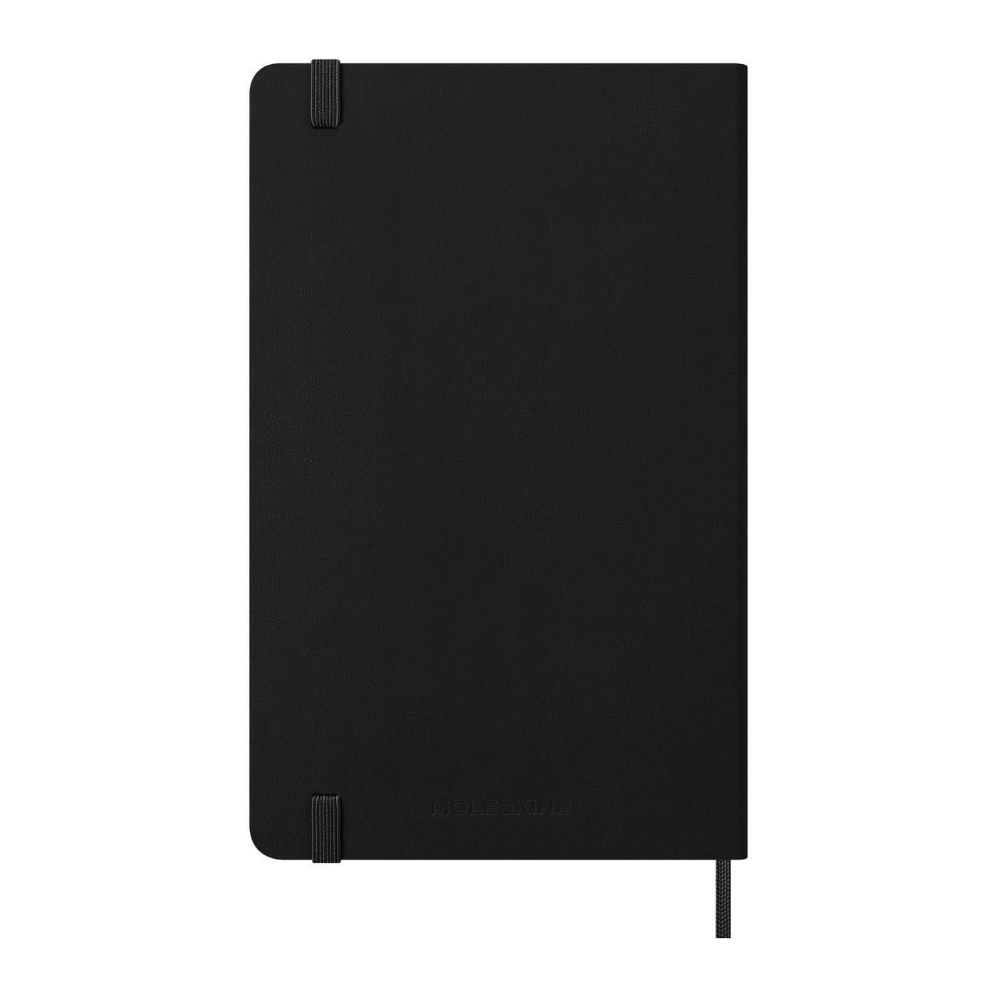 Black Moleskine Hard Cover Large 12-Month Daily 2027 Planner featuring a durable hardcover with rounded corners, an elastic closure, and a matching ribbon bookmark. Includes ivory-colored, acid-free paper with one page per day from January through December 2027, ideal for organizing appointments, tracking goals, and recording daily notes. FSC-certified paper and a professional design make this planner a practical choice for custom-branded corporate gifts and promotional products.