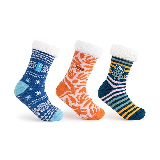 Custom Sherpa-lined socks featuring a custom jacquard knit exterior, an ultra-soft black or white sherpa lining, and non-slip grip dots on the soles for added traction. Designed like cozy slippers with the flexibility of socks, these one-size-fits-all socks can be customized with embroidery or patches for warmth and comfort during colder months.