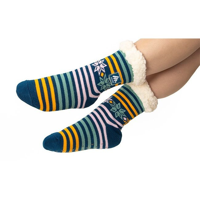Custom Sherpa-lined socks featuring a custom jacquard knit exterior, an ultra-soft black or white sherpa lining, and non-slip grip dots on the soles for added traction. Designed like cozy slippers with the flexibility of socks, these one-size-fits-all socks can be customized with embroidery or patches for warmth and comfort during colder months.
