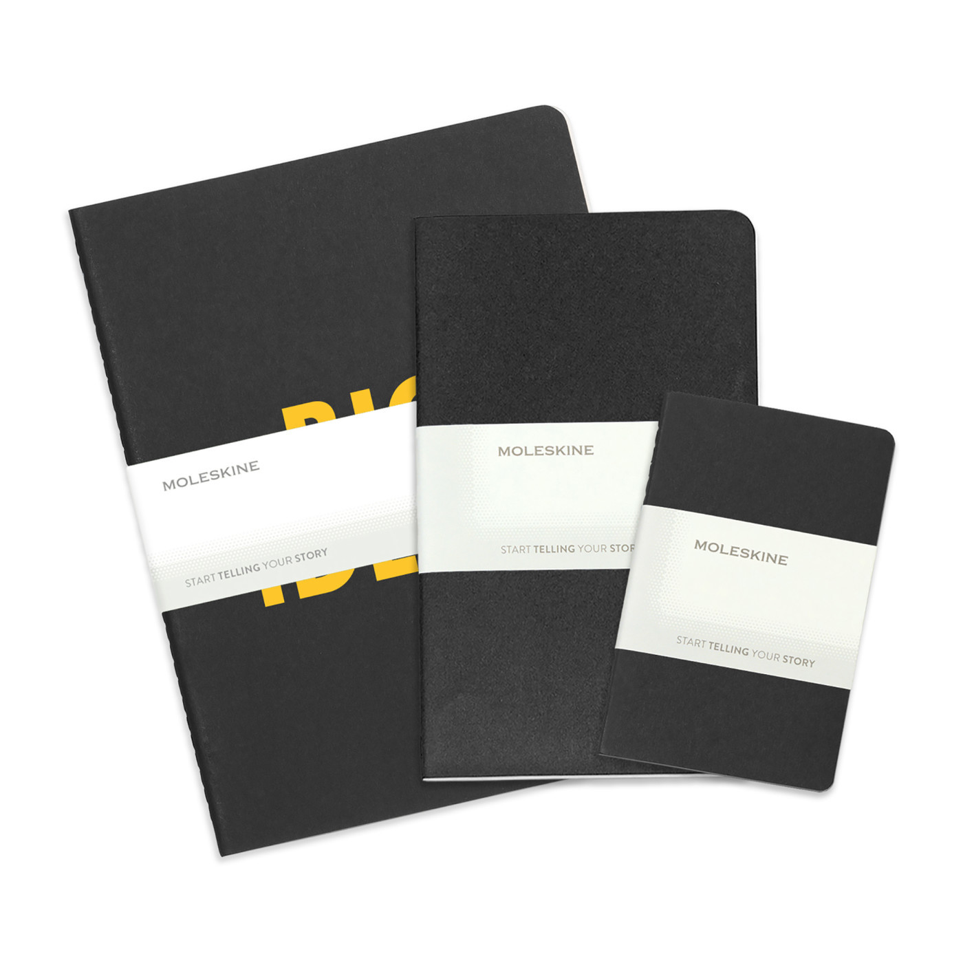 Black Moleskine assorted cahier ruled journals three-pack featuring pocket, large, and extra-large notebooks for writing, planning, and promotional branding.