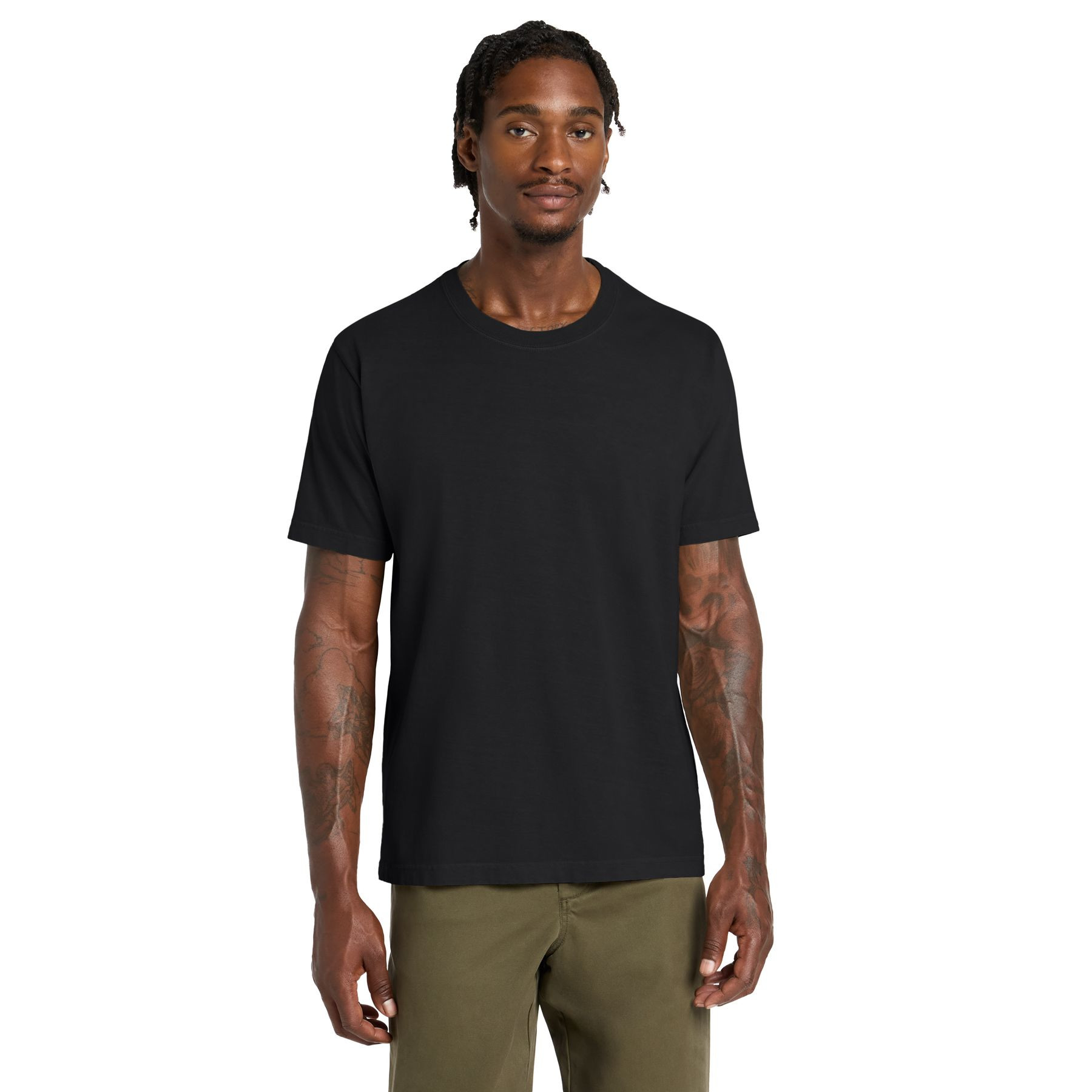 Black BELLA+CANVAS Unisex Heavyweight Garment-Dyed Tee featuring a relaxed fit, classic crew neckline, short sleeves, and semi-drop shoulders. Made from 6.5-ounce, 100% ring-spun cotton, this heavyweight T-shirt has a soft, substantial feel and a casual, modern silhouette. Available in garment-dyed colors, it is suitable for everyday wear, company apparel, and custom-branded promotional merchandise.