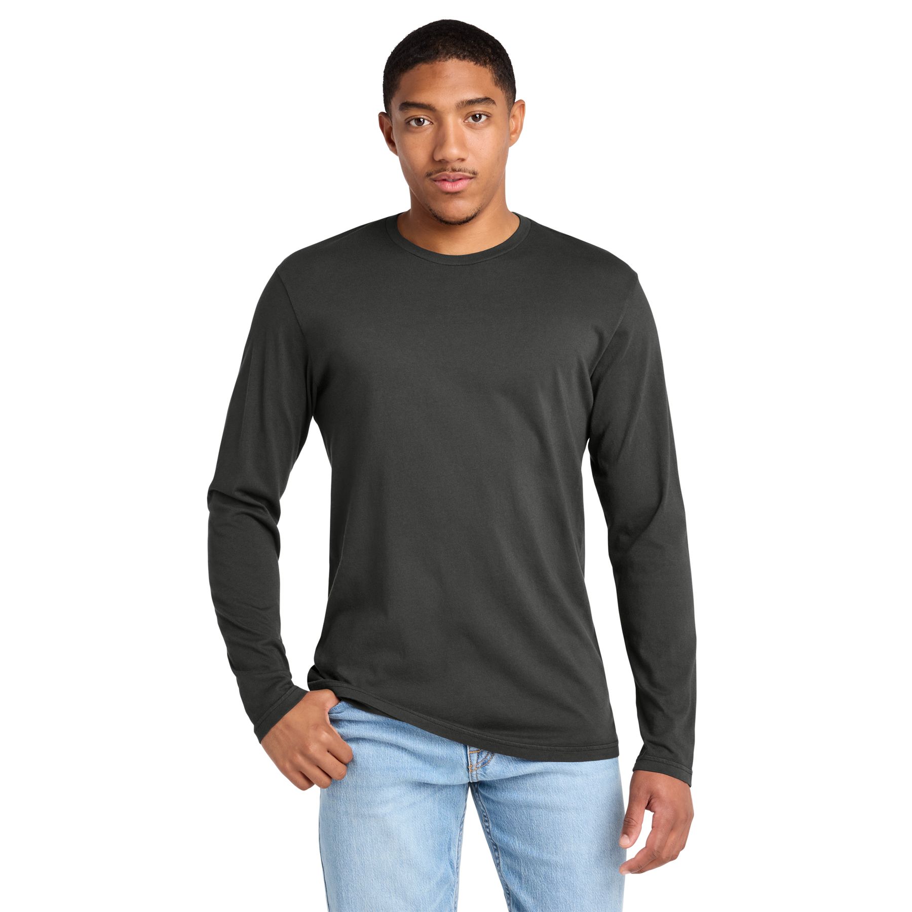 Black garment-dyed long sleeve cotton tee with a rib-knit neckline and classic casual styling.