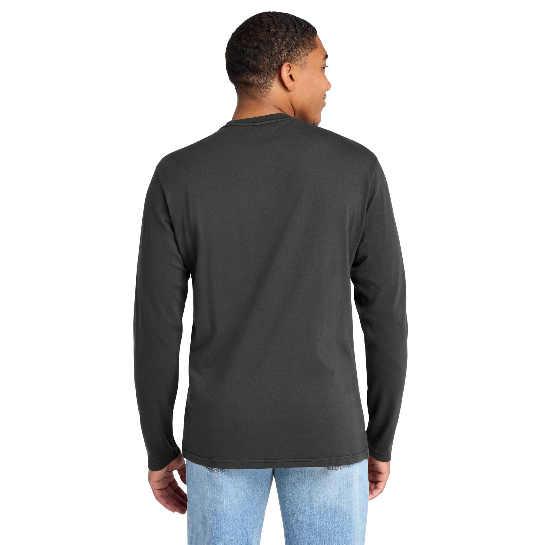 Black garment-dyed long sleeve cotton tee with a rib-knit neckline and classic casual styling.