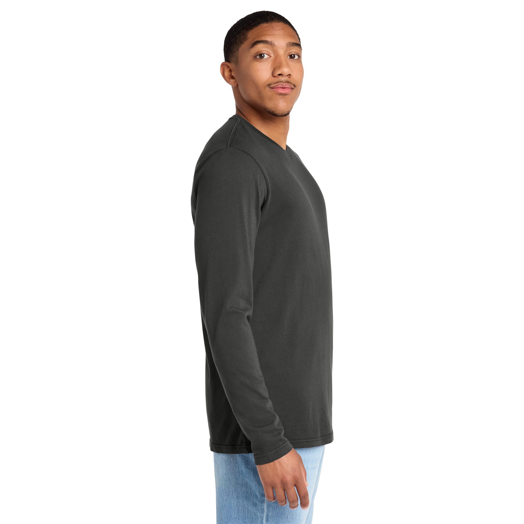 Black garment-dyed long sleeve cotton tee with a rib-knit neckline and classic casual styling.