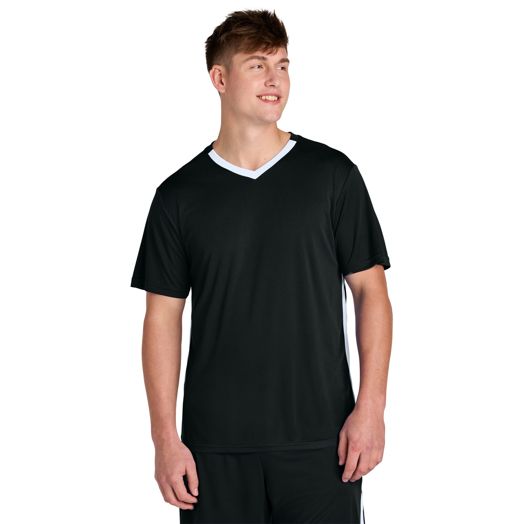 Black and white athletic V-neck shirt with moisture-wicking polyester fabric and contrasting side panels.