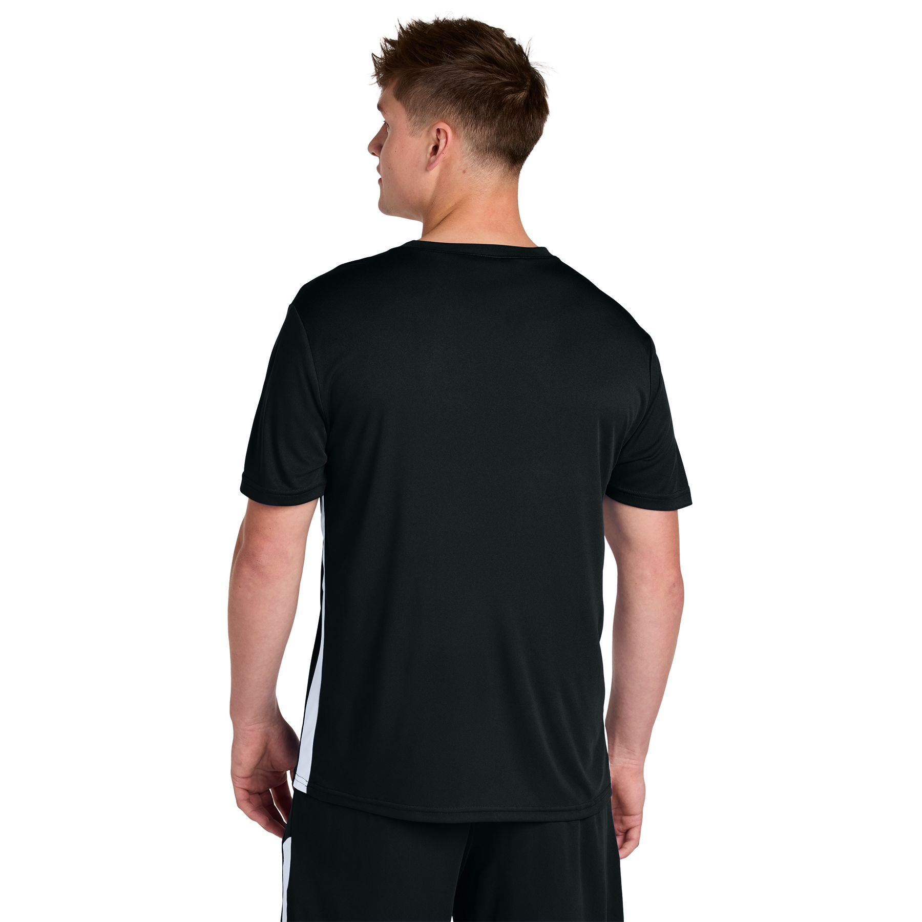 Black and white athletic V-neck shirt with moisture-wicking polyester fabric and contrasting side panels.