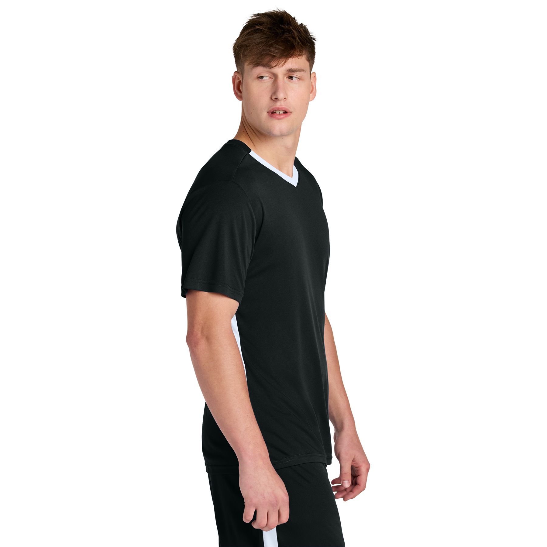 Black and white athletic V-neck shirt with moisture-wicking polyester fabric and contrasting side panels.