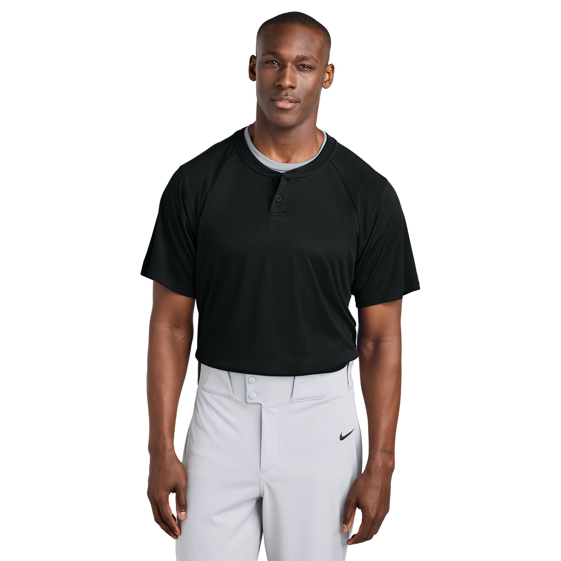 Black performance Henley shirt with a two-button neckline, lightweight polyester fabric, and short sleeves.