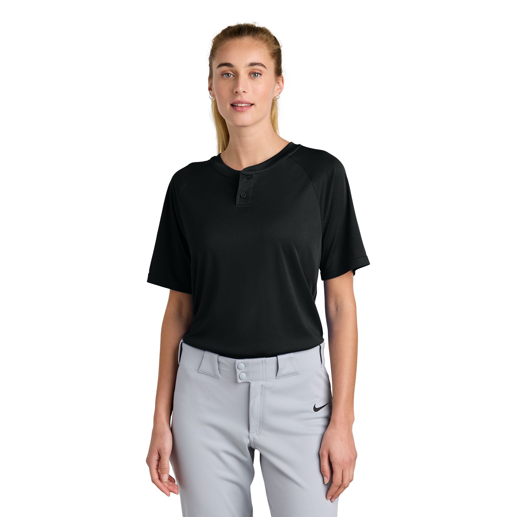 Black performance Henley shirt with a two-button neckline, lightweight polyester fabric, and short sleeves.