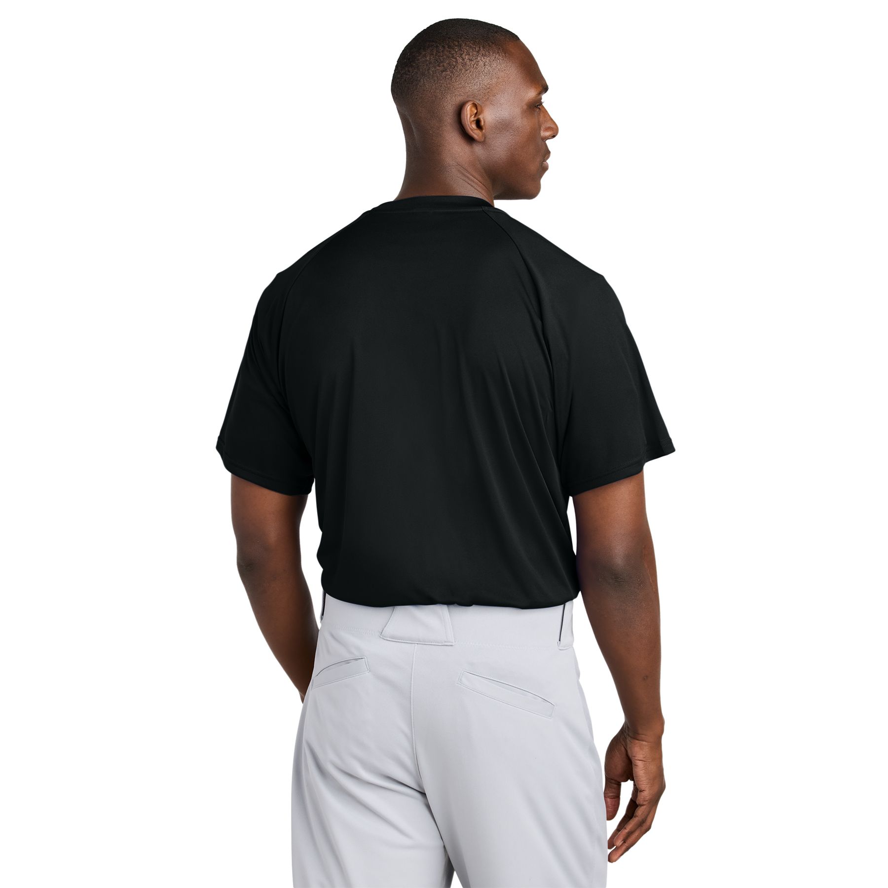 Black performance Henley shirt with a two-button neckline, lightweight polyester fabric, and short sleeves.