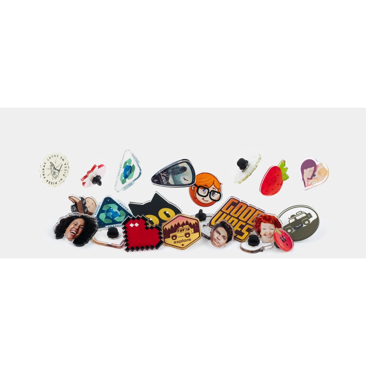 Full-color acrylic pin with vibrant, detailed printing, offering an affordable alternative to enamel pins.