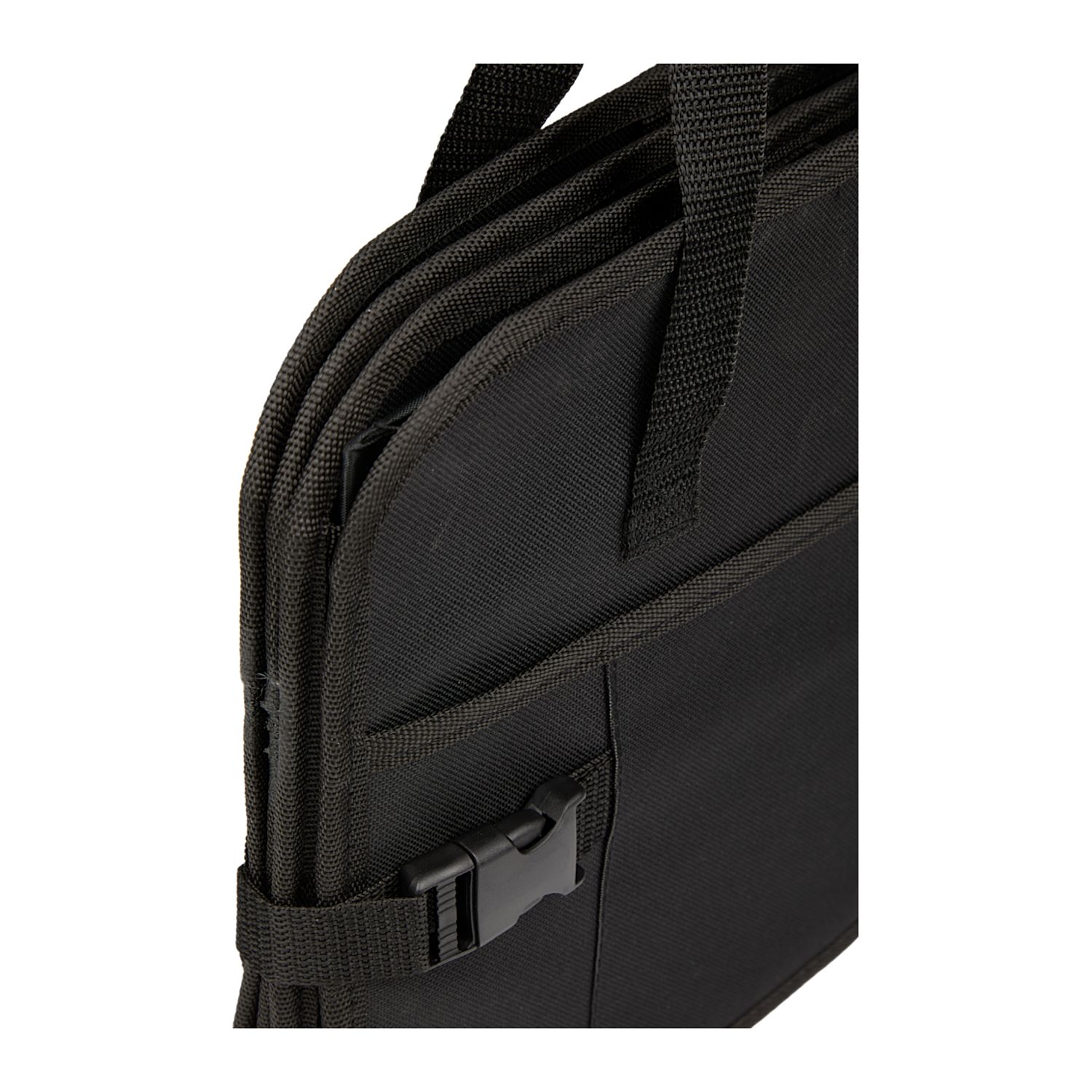 Black recycled 600D polyester trunk organizer featuring three spacious compartments, removable bottom boards, carrying handles, and a front organizational pocket.