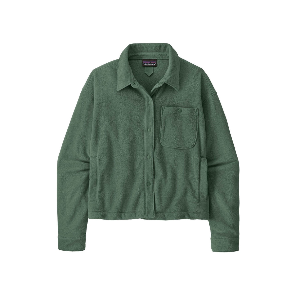 Canopy Green Recycled polyester fleece shirt jacket with a relaxed fit, snap closures, chest pocket, handwarmer pockets, and a soft anti-pilling finish.