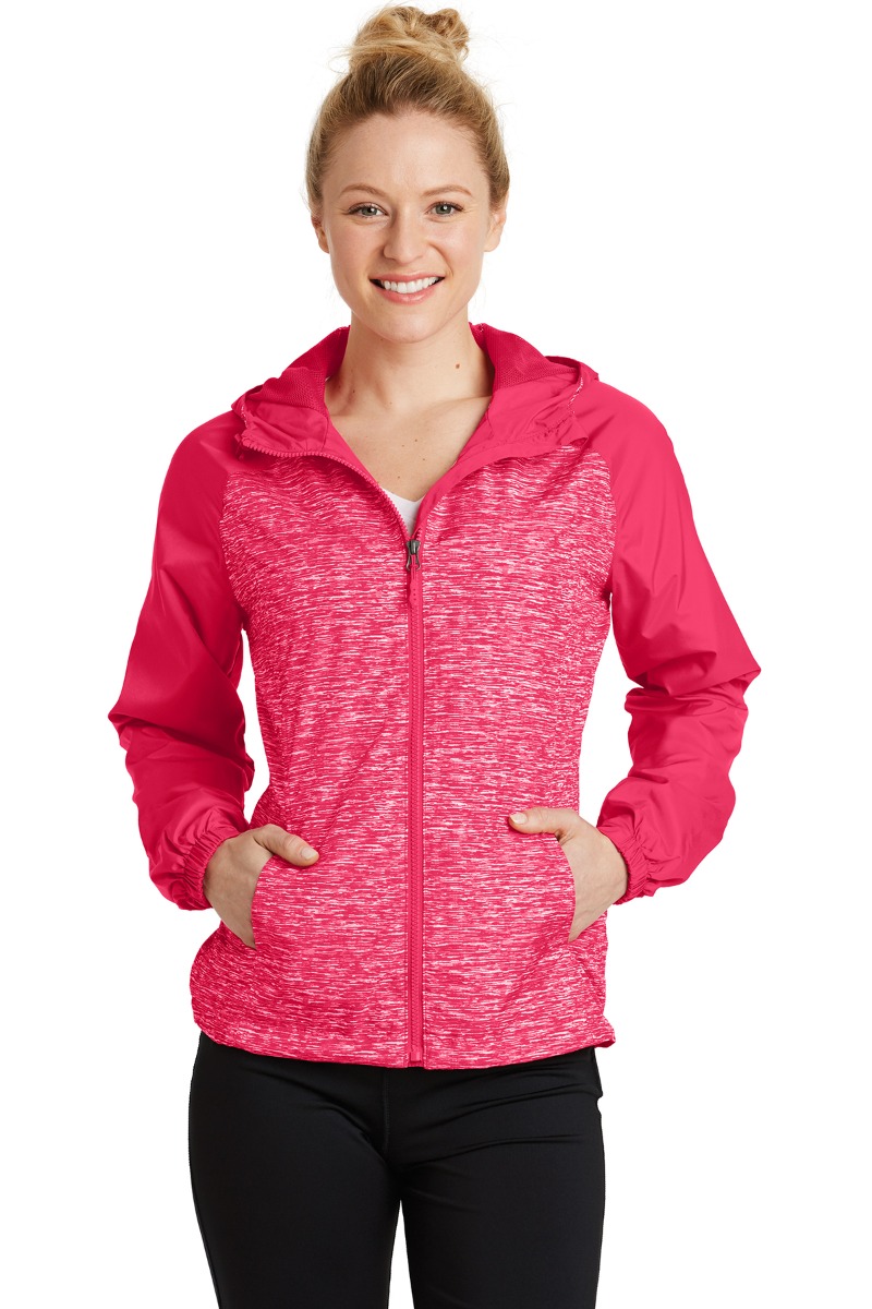 Sport-Tek Women's Heather Colorblock Raglan Hooded Wind Jacket Product Image