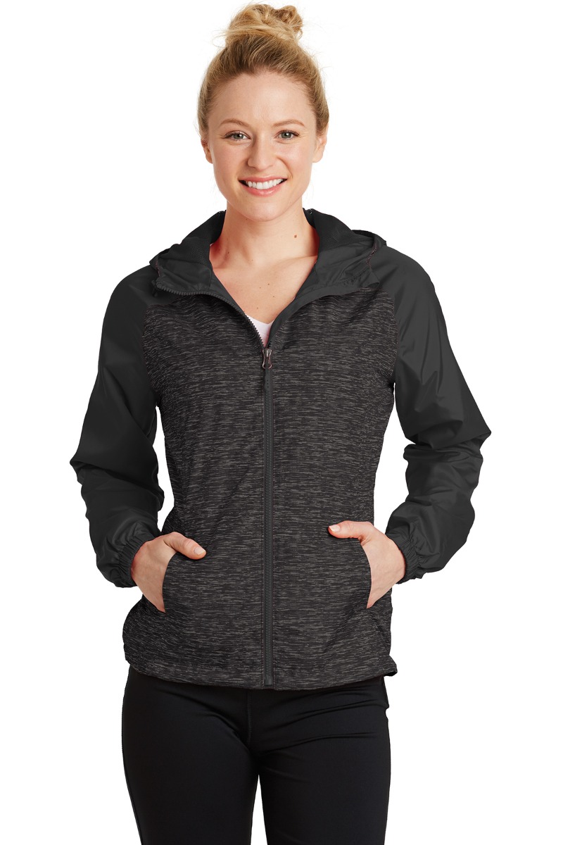 Sport-Tek Women's Heather Colorblock Raglan Hooded Wind Jacket Product Image