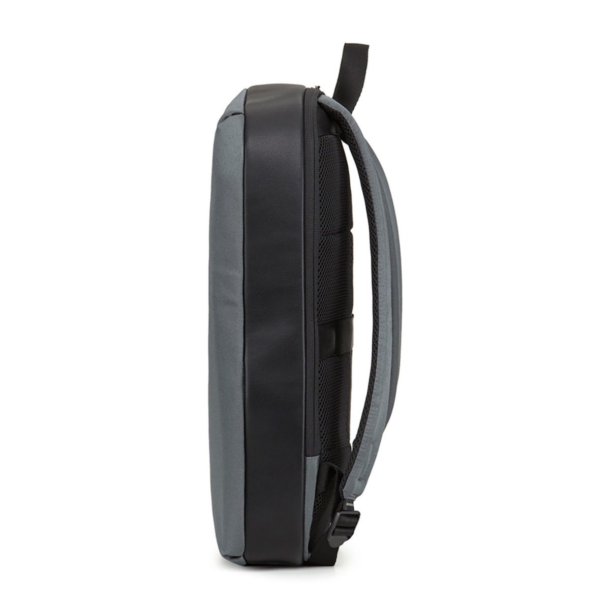 Slate Gray Moleskine® Notebook Backpack in a slim, sleek design, featuring a black water-resistant exterior, padded adjustable shoulder straps, breathable mesh back, and multiple zippered and interior pockets for organizing a laptop, tablet, notebooks, pens, and travel essentials.