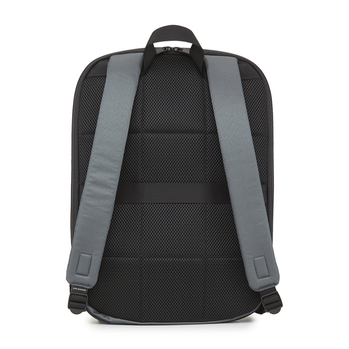 Slate Gray Moleskine® Notebook Backpack in a slim, sleek design, featuring a black water-resistant exterior, padded adjustable shoulder straps, breathable mesh back, and multiple zippered and interior pockets for organizing a laptop, tablet, notebooks, pens, and travel essentials.