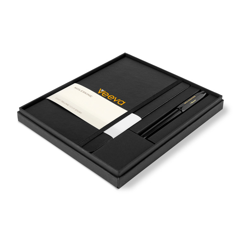 Black Moleskine large notebook and Kaweco rollerball pen gift set with a hard-cover ruled notebook, refillable black-ink pen, and FSC-certified materials in a two-piece gift box.