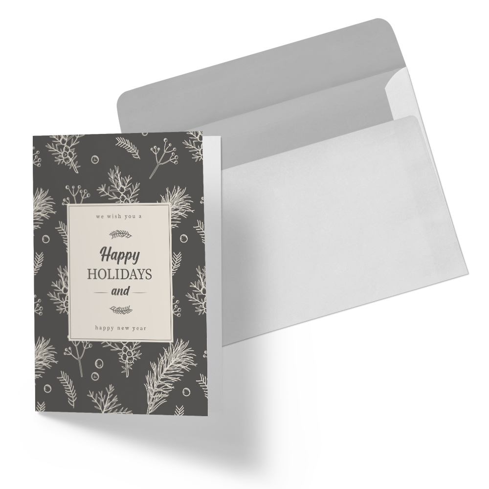 Happy Holidays Black and Cream Design - 5" x 7" Double Sided Folded Notecards with Printed Envelopes - 110# Product Image