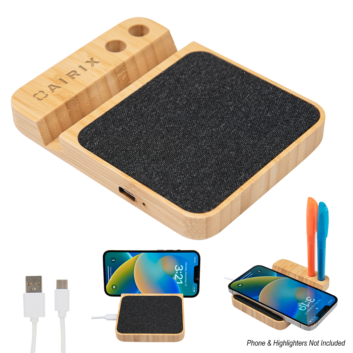 10W Bamboo Wireless Charger with Pen Holder Product Image