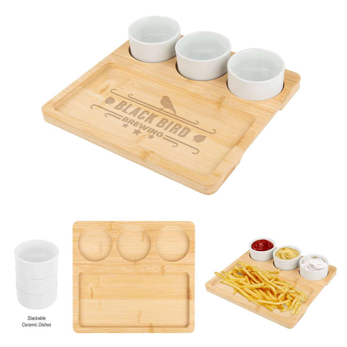 Bamboo Serving Tray with Ceramic Bowls Product Image