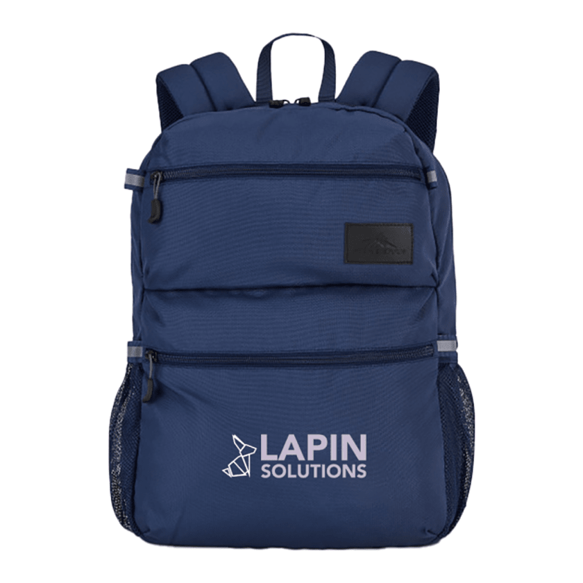 Navy recycled polyester laptop backpack with a large zippered main compartment, padded shoulder straps, front storage pocket, and dedicated 15-inch laptop sleeve.