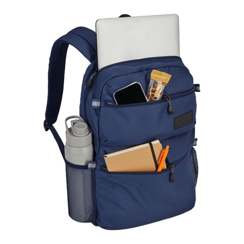 Navy recycled polyester laptop backpack with a large zippered main compartment, padded shoulder straps, front storage pocket, and dedicated 15-inch laptop sleeve.