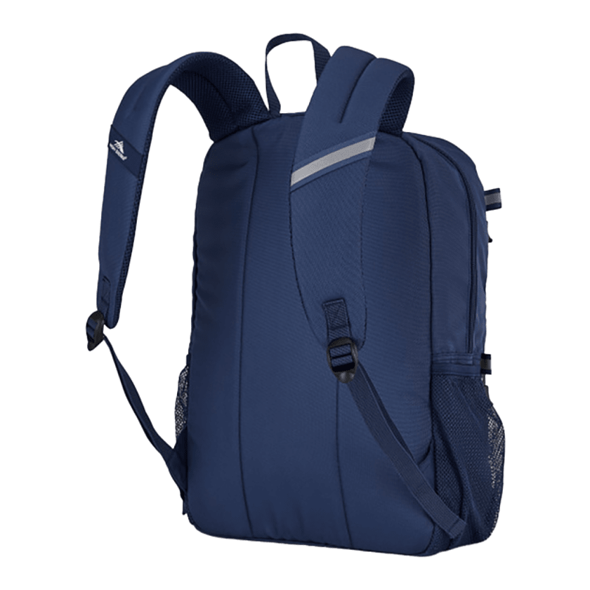 Navy recycled polyester laptop backpack with a large zippered main compartment, padded shoulder straps, front storage pocket, and dedicated 15-inch laptop sleeve.