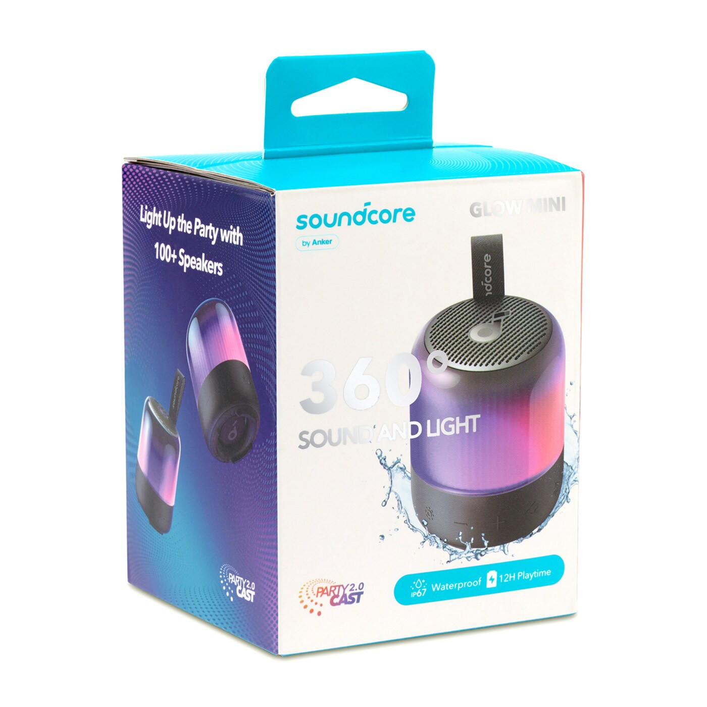 Gif Box of Anker® Soundcore Glow Mini Bluetooth® Speaker in black with compact cylindrical design, integrated carrying strap, mesh fabric exterior, and 360-degree LED light ring, portable waterproof Bluetooth speaker for music, outdoor activities, and poolside use.